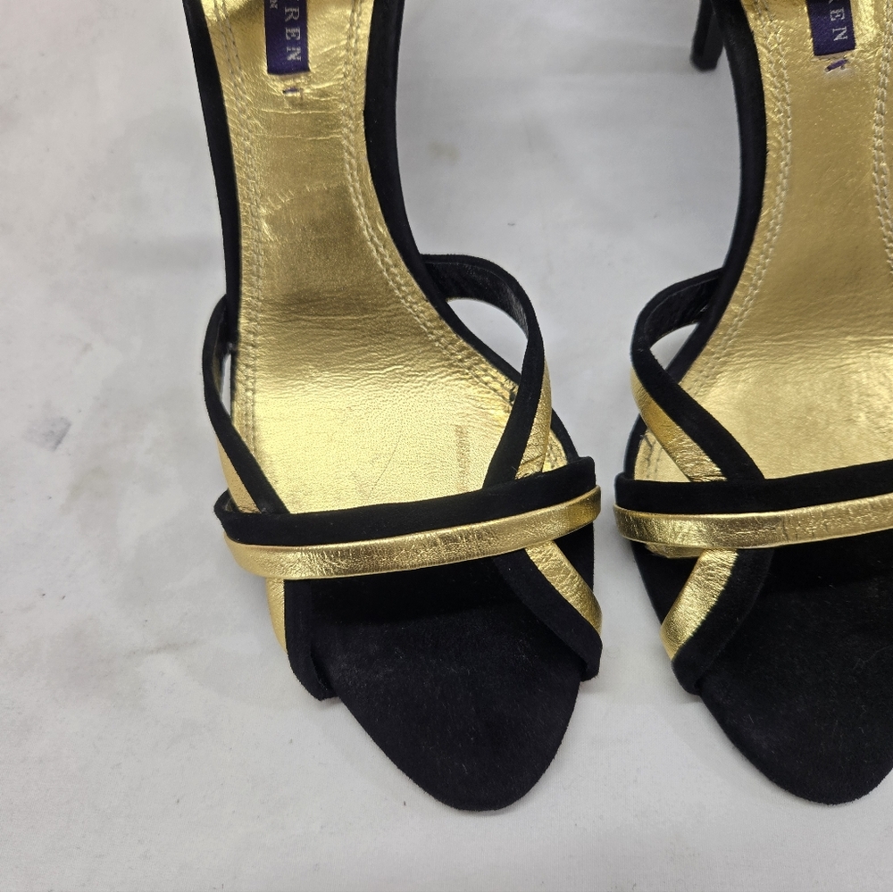 Ralph Lauren Collection Purple Label 10B Black Gold Leather Ankle Straps Heels - Picture 5 of 11